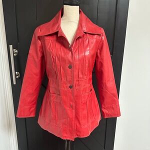 Young People Red Faux Leather Pleated Button Front Jacket Women's Size 46 Small